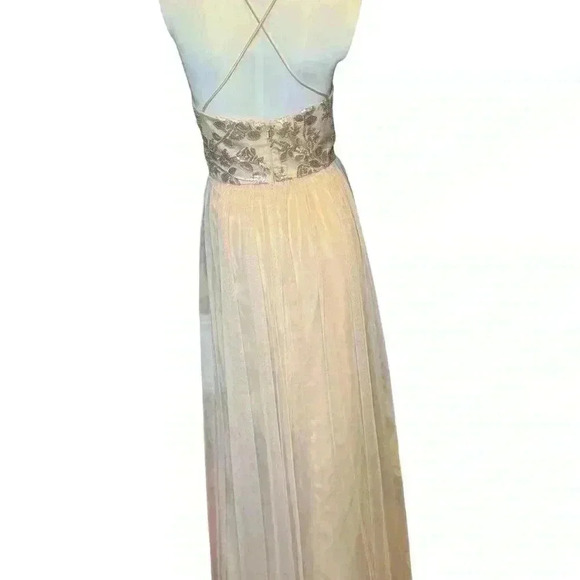 AMSALE Dress 14 Sequin Embellished Maxi Halter Neck Tulle A-Line Cocktail Beige - Picture 3 of 14